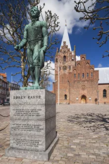 Shipwreck Prints: Denmark, Jutland, Grenaa, Grenaa Kirke Church, 14th century and statue of Soren Kanne