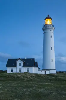 Danish Prints: Denmark, Jutland, Hirtshals, Hirtshals Fyr Lighthouse, dusk