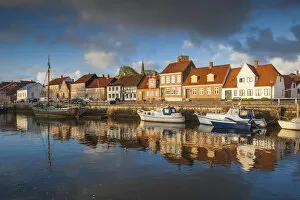 Denmark, Jutland, Ribe, town view from the Ribe River, dawn