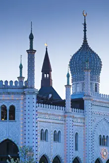 Denmark, Zealand, Copenhagen, Tivoli Gardens Amuseument Park, exterior of the Nimb Hotel