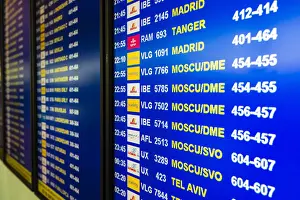 Timetable Prints: Departure board monitor at Barcelona El Prat international airport, Barcelona, Catalonia