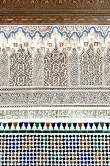 Ceramic Prints: Details of arabic decorations and mosaic inside Bahia Palace, Marrakech, Morocco