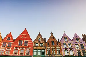 Flemish Region Prints: Details of the colored houses in Markt Square in Brussels at sunrise, Belgium