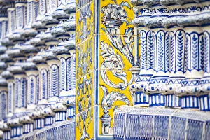 Touristic Attraction Prints: Details of Plaza de Espana azulejos. Seville, Andalucia, Spain