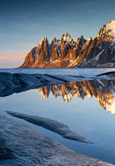 Images Dated 19th August 2019: The Devils Jaw Reflecting in Tide-pool, Senja, Norway