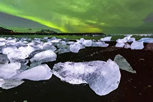 Aurora Borealis Prints: Diamond Beach, Jokulsarlon Glacier Lagoon, Hofn, Iceland, Europe
