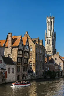 Dijver canal with Belfort medieval tower in the background, Bruges, West Flanders