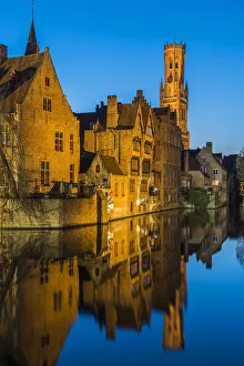 Dijver canal with Belfort medieval tower in the background, Bruges, West Flanders