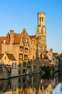 Bruges Gallery: Dijver canal with Belfort medieval tower in the background, Bruges, West Flanders