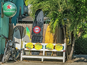 Bench Prints: Dilapidated Motorcycle and bench with old surfboards