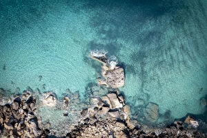 Directly above the blue aegean sea of Folegandros, Greek Islands, Greece