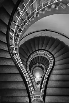 Staircase Prints: Directly above view of spiral staircase at House of the Black Madonna, Prague, Bohemia