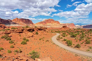 Utah Collection: Dirt road and Whiskey Flat seen from Panorama Point, Capitol Reef National Park, Utah