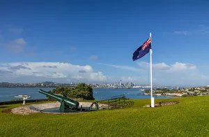 Waitemata Harbour Prints: The Disappearing Gun of the South Battery, North Head, Auckland City and Harbour
