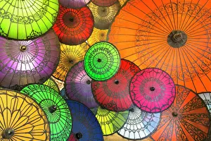 Abstract Prints: Display of colourful parasols, Bagan, Myanmar (Burma), Asia
