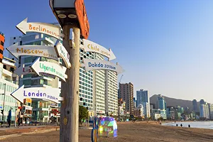 Busan Prints: Distance signpost on Gwangalli Beach, Busan, South Korea
