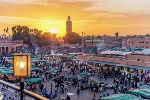 Crowd Prints: Djemaa el Fna square full of crowd at sunset, Marrakech, Morocco
