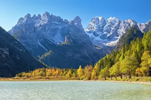 Mountainscapes Prints: Dobbiaco Lake in autumn with mount Nasswand in the background