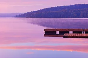 Dock Prints: Dock and fog on Lake of Two Rivers Algonquin Provincial Park, Ontario, Canada