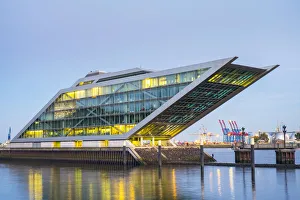Dockland office building on the Elbe River after sunset, Altona-Altstadt, Hamburg
