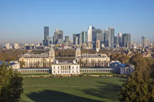 Docklands skyline from Greenwich park, Greenwich, London, England, UK