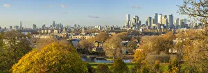Docklands skyline from Greenwich Park, Greenwich, London, England, UK