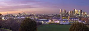 Docklands skyline from Greenwich Park, Greenwich, London, England, UK