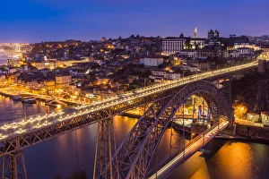 Ribeira Prints: Dom Luis I bridge and city skyline at dusk, Porto, Portugal