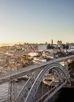 Ribeira Prints: Dom Luis I Bridge at sunset, elevated view, Porto, Portugal