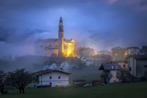 Cadore Prints: Domegge di Cadore at dusk with the church of San Giorgio martire, Cadore, Belluno, Veneto