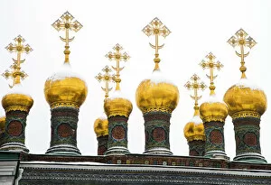 Domes of the Upper Saviour Cathedral in Kremlin, Moscow, Russia