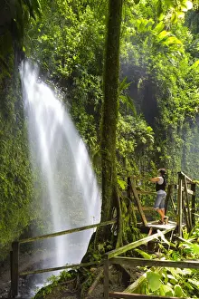 Water Fall Prints: Dominica, Pont Casse. A tourst admires Soulton Falls. (MR)