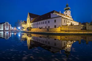 Monastery Gallery: Dominican Monstery reflecting in Malse river at twilight, Ceske Budejovice, South Bohemian Region
