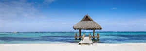 Altagracia Prints: Dominican Republic, Punta Cana, Playa Blanca, Wooden pier with thatched hut