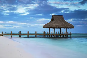 Dominican Republic, Punta Cana, Playa Blanca, Wooden pier with thatched hut