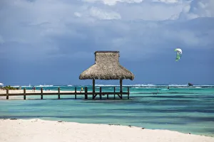 Dominican Republic, Punta Cana, Playa Blanca, Wooden pier with thatched hut