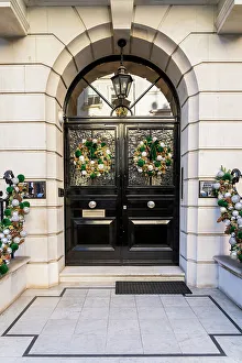 Mayfair Prints: Door with Christmas decorations, Mayfair, London, England, Uk