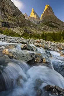 Images Dated 18th October 2021: Dora di Veny river and Aiguille Noire de Peuterey at sunset during summer, Val Veny, La Visaille