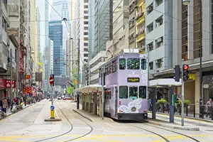 Public Transportation Prints: Doube-decker tram on Des Voeux Road in Central Hong Kong, Hong Kong Island, Hong Kong