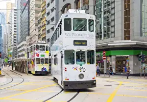 Public Transportation Prints: Doube-decker trams on Des Voeux Road in Central Hong Kong, Hong Kong Island, Hong Kong