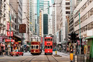 Public Transport Prints: Double-decker trams in Central Hong Kong, Hong Kong Island, Hong Kong, China