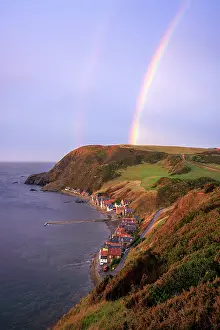 Rainbow Prints: Double rainbow over Crovie village, Crovie, Aberdeenshire, Scotland, UK