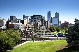 Rail Line Prints: Downtown Denver, Colorado, Housing, Offices, Commuter Train