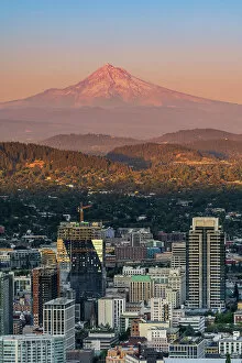 Top View Collection: Downtown skyline and Mt. Hood at sunset, Portland, Oregon, USA