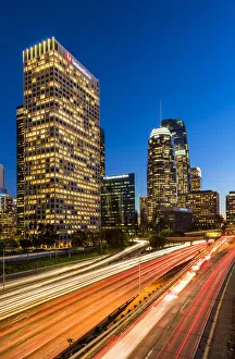 Motorway Prints: Downtown Skyline at Night, Los Angeles, California, USA
