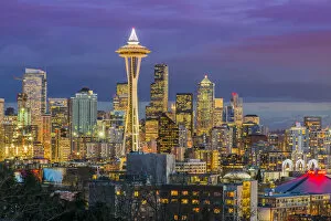 Downtown skyline with Space Needle at dusk, Seattle, Washington, USA