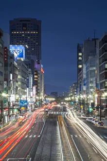 Downtown street at dusk, Hiroshima, Hiroshima Prefecture, Japan