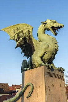 Dragon statue on Dragon Bridge or Zmajski most, Ljubljana, Slovenia