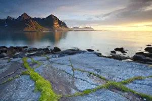 Coastal Landscape Prints: Dramatic Coastal landscape illuminated by Mightnight Sun, Flakstad, Flakstadsoya, Lofoten