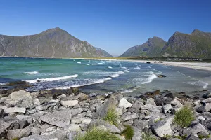Dramatic coastal landscape and white sand beach, Skagsanden, Lofoten Islands, Norway